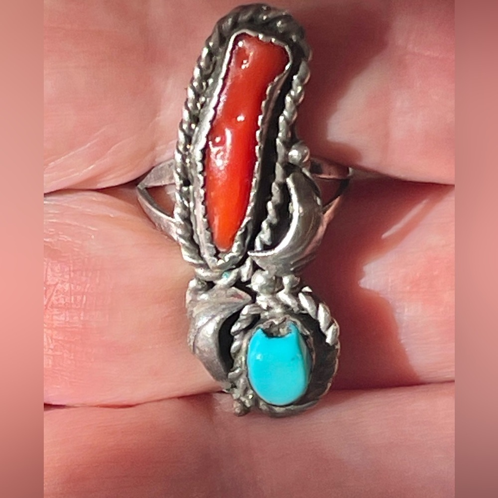VTG Native American Navajo Sterling Turquoise Coral Ring Sz 6